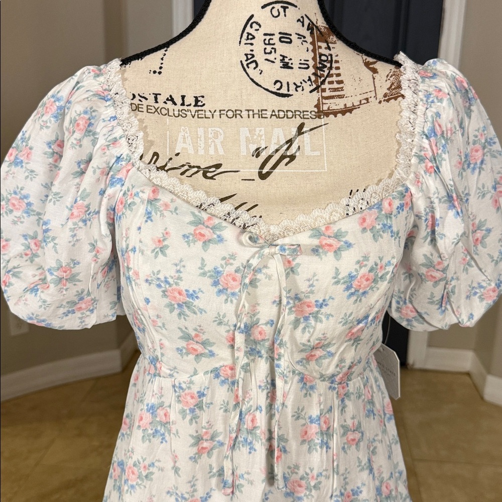 ALTARD STATE WHITE FLORAL BABY DOLL Puff Sleeve Dress MD - Picture 2 of 13